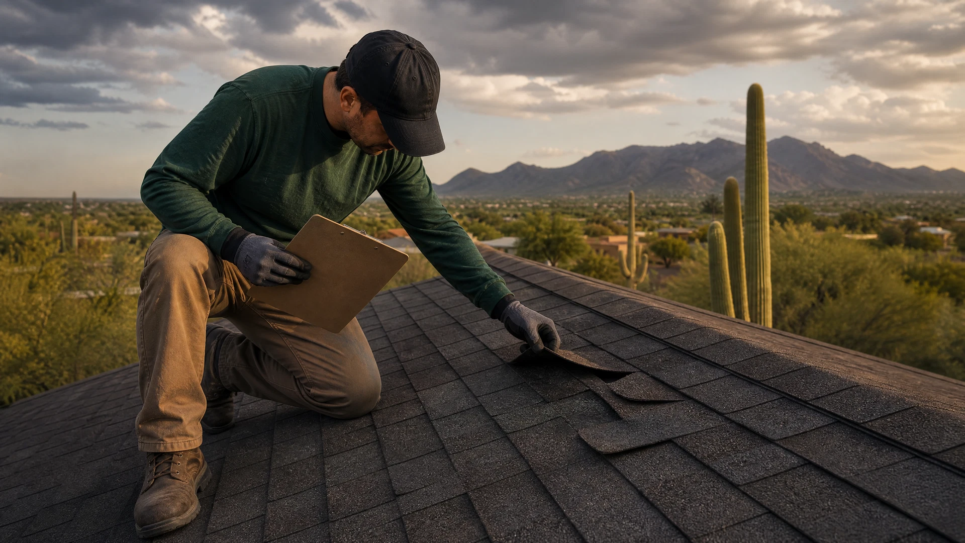 Conceptual inspection of wind-lifted asphalt shingles after Tucson-area weather